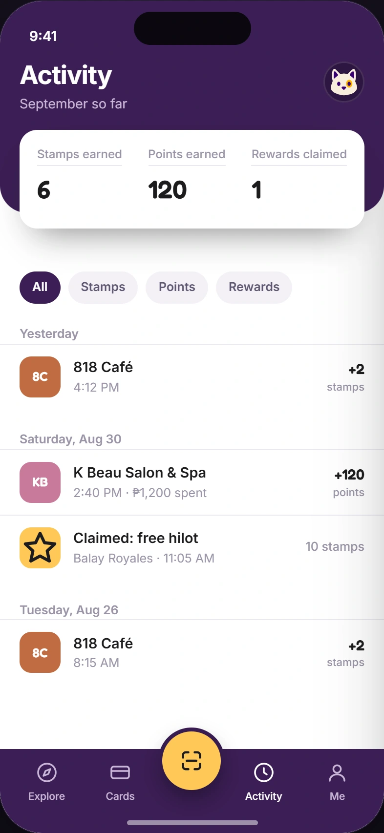 Sukie app design preview: Activity. Example businesses and rewards.