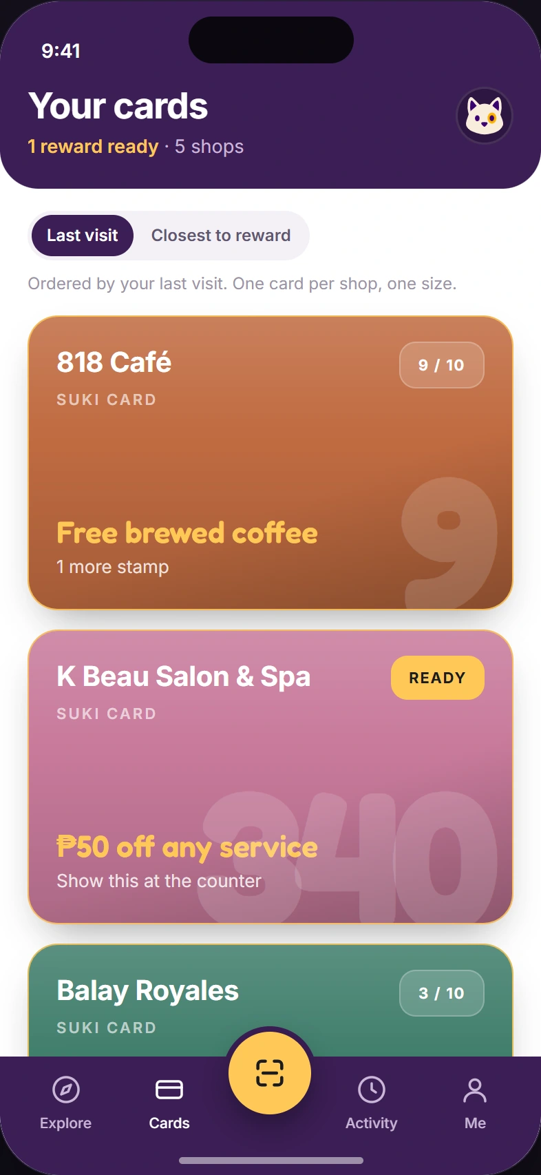 Illustrative Sukie Cards screen with separate stamp and points cards, reward progress, and a ready reward.