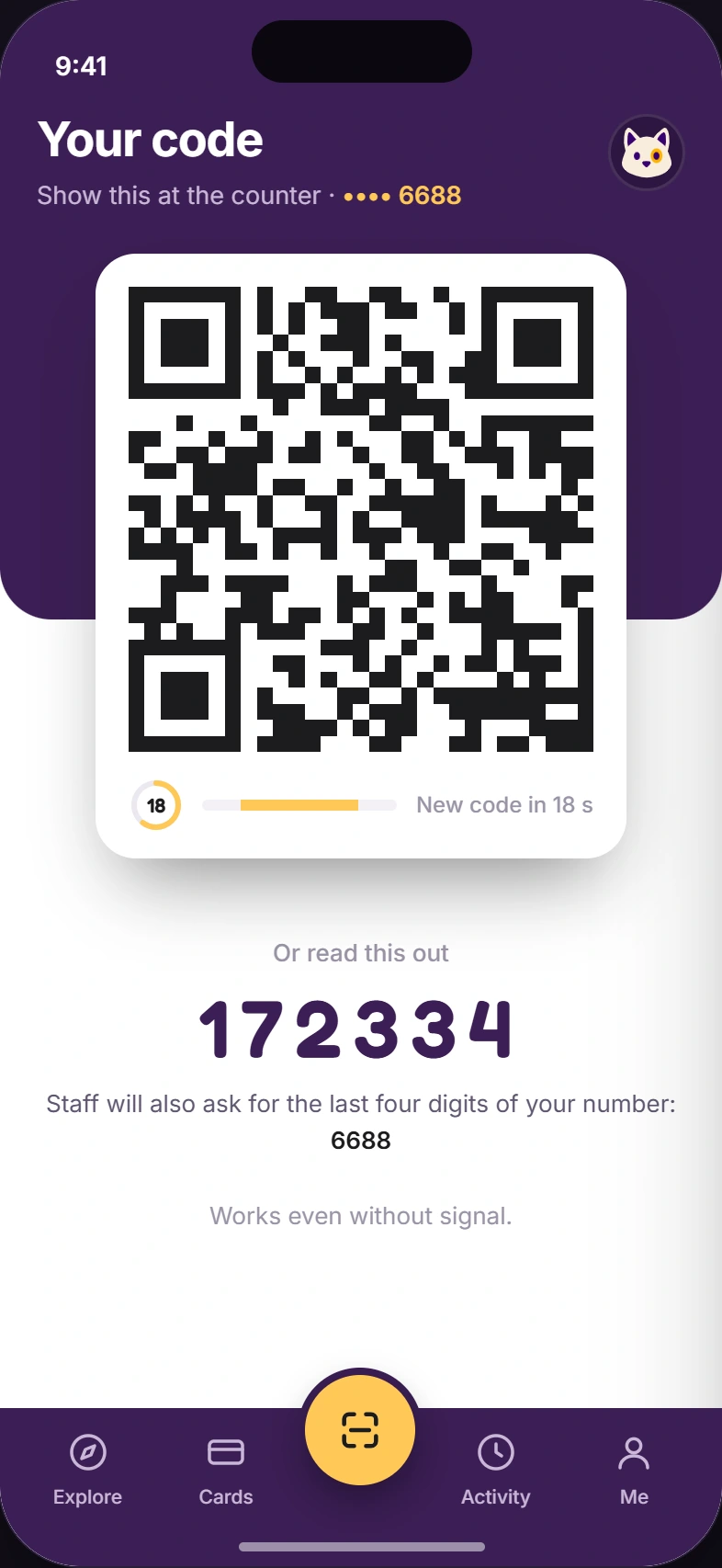 Sukie app design preview: Your code. Example businesses and rewards.
