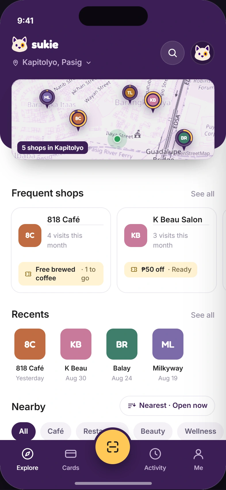 Illustrative Explore screen from the app design, showing a local map and participating shops.