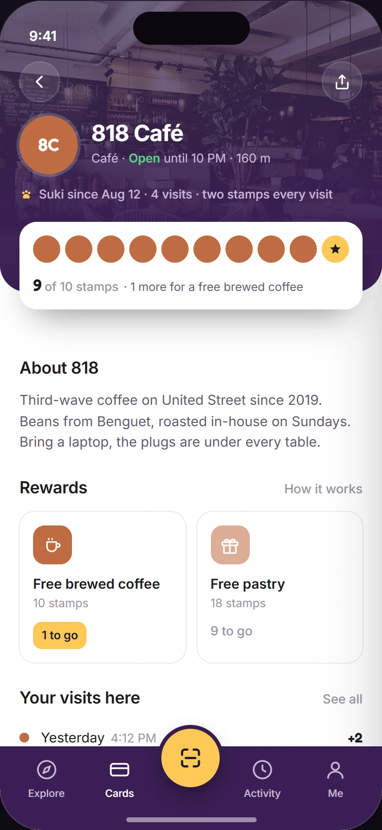 Sukie app design preview: Your progress. Example businesses and rewards.